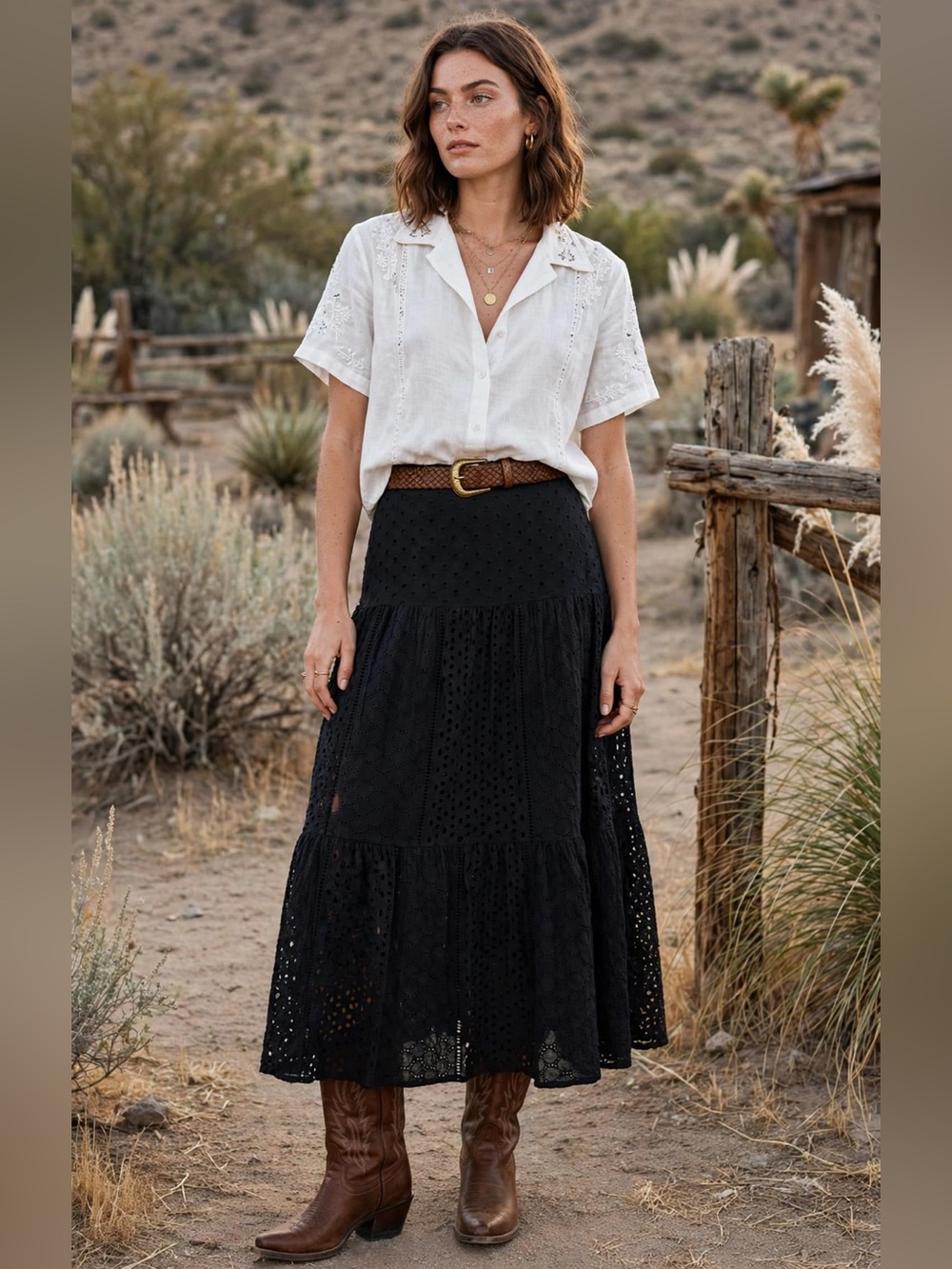 House Of Harlow 1960 Black Eyelet Tiered Maxi Skirt. Size Medium